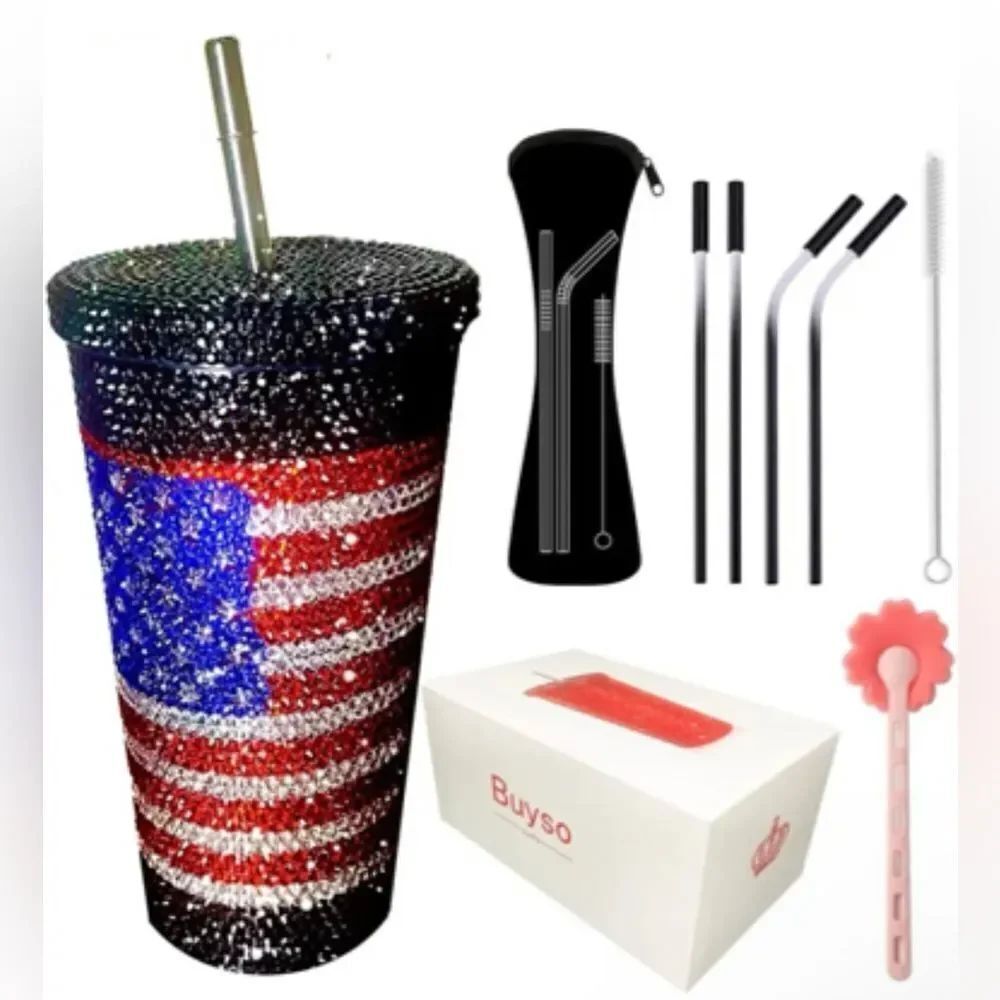 American Flag Bling Studded Rhinestone Glitter Insulated Tumbler 16.9 Oz. NIB